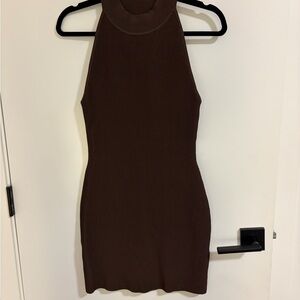 Babaton Chocolate Brown Halter Sculpt Knit Mini Dress